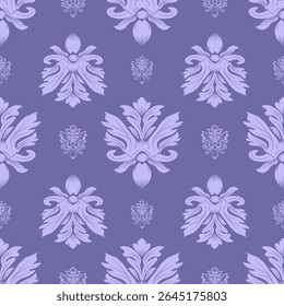 Damast nahtloses Muster mit lila blauen Blumen, Vektorgrafik elegant für Textil, Tapete, Bettwäsche, Vorhänge, Kissenbezug, Teppich, Schal, Polsterstoff, Vintage-Design, Luxus-Design
