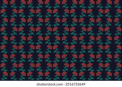 Damask seamless pattern with red flowers and navy blue background