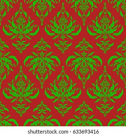 Damask seamless pattern in red and green colors. Vector illustration.