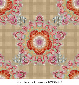 Damask seamless pattern in red and green colors. Vector illustration.