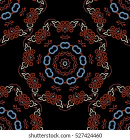 Damask seamless pattern in red, orange and blue colors. Design for fabric, wallpaper, textil, invitation, wrapping and book covers. Oriental style. Hand-drawn sketch. Vector vintage floral ornament.