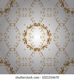 Damask seamless pattern repeating background. Antique golden repeatable wallpaper. Golden element on white and yellow colors. Golden floral ornament in baroque style.