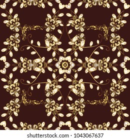 Damask seamless pattern repeating background. Golden element on brown, yellow and white colors. Golden floral ornament in baroque style. Antique golden repeatable wallpaper.