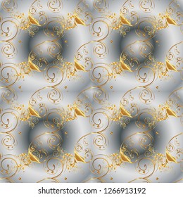 Damask seamless pattern repeating background. Antique golden repeatable wallpaper. Golden floral ornament in baroque style. Golden element on gray and yellow colors.
