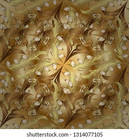 Damask seamless pattern repeating background. Antique golden repeatable wallpaper. Golden element on brown and beige colors. Golden floral ornament in baroque style.