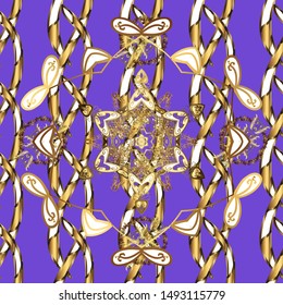 Damask seamless pattern repeating background. Golden floral ornament in baroque style. Golden element on violet and brown colors. Antique golden repeatable wallpaper.