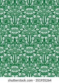 Damask seamless pattern repeating background. Green floral ornament in baroque style.