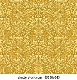 Damask seamless pattern repeating background. Golden floral ornament in baroque style.