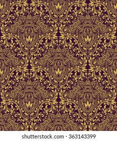 Damask seamless pattern repeating background. Golden purple floral ornament in baroque style.