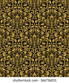 Damask seamless pattern repeating background. Gold black floral ornament with M letter in baroque style. Antique golden repeatable wallpaper.