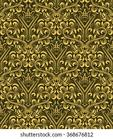 Damask seamless pattern repeating background. Gold olive floral ornament with Y letter and crown in baroque style. Antique golden repeatable wallpaper.