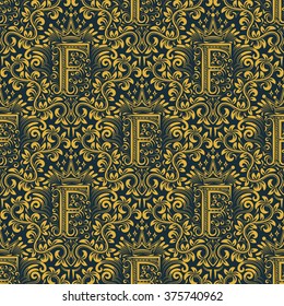 Damask seamless pattern repeating background. Gold blue floral ornament with F letter and crown in baroque style. Antique golden repeatable wallpaper.