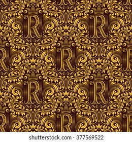 Damask seamless pattern repeating background. Gold maroon floral ornament with R letter and crown in baroque style. Antique golden repeatable wallpaper.