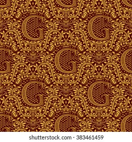 Damask seamless pattern repeating background. Golden maroon floral ornament with G letter and crown in baroque style. Antique golden repeatable wallpaper.