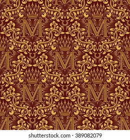 Damask seamless pattern repeating background. Golden maroon floral ornament with M letter and crown in baroque style. Antique golden repeatable wallpaper.