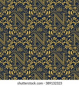 Damask seamless pattern repeating background. Golden blue floral ornament with N letter and crown in baroque style. Antique golden repeatable wallpaper.