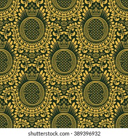 Damask seamless pattern repeating background. Golden blue floral ornament with O letter and crown in baroque style. Antique golden repeatable wallpaper.
