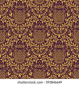 Damask seamless pattern repeating background. Golden purple floral ornament with U letter and crown in baroque style. Antique golden repeatable wallpaper.