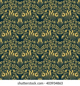 Damask seamless pattern repeating background. Golden blue floral ornament in baroque style. Antique golden repeatable wallpaper.