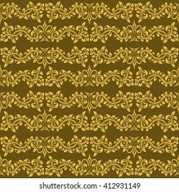 Damask seamless pattern repeating background. Golden olive floral ornament in baroque style. Antique repeatable wallpaper design.