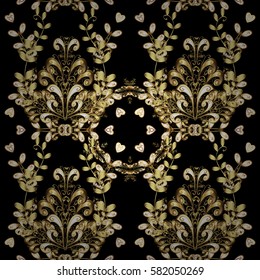 Damask seamless pattern repeating background. Antique golden repeatable wallpaper. Golden element on black background. Golden floral ornament in baroque style.