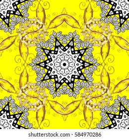 Damask seamless pattern repeating background. Golden element on yellow background. Gold yellow floral ornament in baroque style. Gold Wallpaper on texture background.