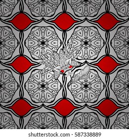 Damask seamless pattern repeating background. Golden floral ornament in baroque style. Antique white repeatable wallpaper. Golden element on red background.