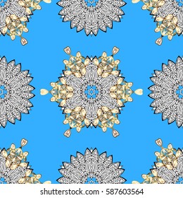 Damask seamless pattern repeating background. Antique golden repeatable wallpaper. Golden element on blue background. Golden blue floral ornament in baroque style.