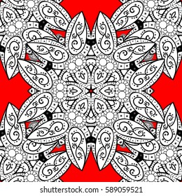 Damask seamless pattern repeating background. Golden floral ornament in baroque style. Antique white repeatable wallpaper. Golden element on red background.