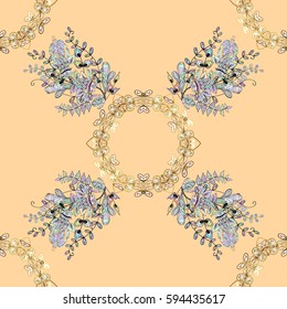 Damask seamless pattern repeating background. Golden floral ornament in baroque style. Antique white repeatable wallpaper. Golden element on beige background.