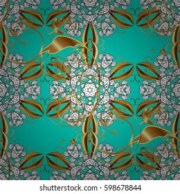 Damask seamless pattern repeating background. Gold blue floral ornament in baroque style. Antique golden repeatable wallpaper. Golden element on blue background.