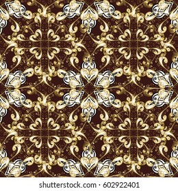 Damask seamless pattern repeating background. Golden element on brown background. Golden brown floral ornament in baroque style.
