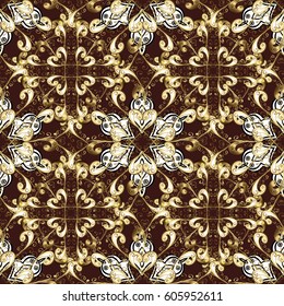 Damask seamless pattern repeating background. Antique golden repeatable wallpaper. Golden element on brown background. Golden brown floral ornament in baroque style.