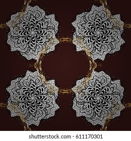 Damask seamless pattern repeating background. Golden element on brown background. Gold brown floral ornament in baroque style. Gold Wallpaper on texture background.