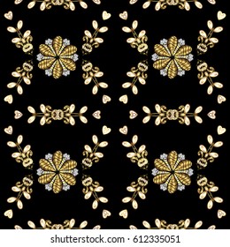 Damask seamless pattern repeating background. Antique golden repeatable wallpaper. Golden element on black background. Golden floral ornament in baroque style.