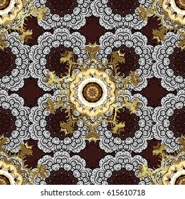Damask seamless pattern repeating background. Antique golden repeatable wallpaper. 