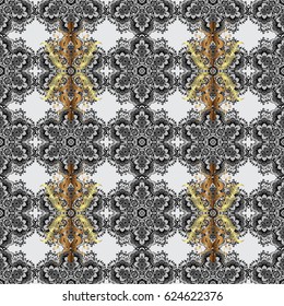 Damask seamless pattern repeating background. Golden element on gray background. Gold gray floral ornament in baroque style. Gold Wallpaper on texture background.