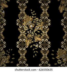 Damask seamless pattern repeating background. Golden floral ornament in baroque style. Antique golden repeatable wallpaper. Golden element on black background.