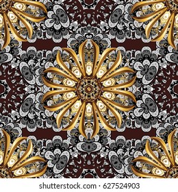 Damask seamless pattern repeating background. Antique golden repeatable wallpaper. Golden element on brown background. Golden brown floral ornament in baroque style.