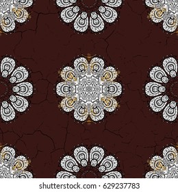 Damask seamless pattern repeating background. Gold Wallpaper on texture background. Golden element on brown background. Gold brown floral ornament in baroque style.