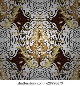 Damask seamless pattern repeating background. Golden brown floral ornament in baroque style. Antique golden repeatable wallpaper. Golden element on brown background.