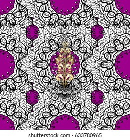 Damask seamless pattern repeating background. Gold Wallpaper on texture background. Golden element on magenta background. Gold magenta floral ornament in baroque style.
