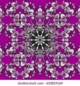 Damask seamless pattern repeating background. Antique white repeatable wallpaper. White element on magenta background. White floral ornament in baroque style.