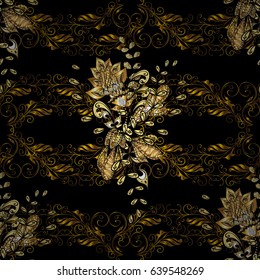 Damask seamless pattern repeating background. Golden floral ornament in baroque style. Antique golden repeatable wallpaper. Golden element on black background.