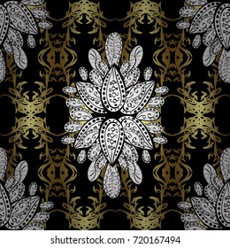 Damask seamless pattern repeating background. Antique golden repeatable wallpaper. Golden element on black background. Golden floral ornament in baroque style.