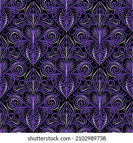 Patrón sin costuras de Damask. Ornamento de seda sobre fondo violeta de moda en vector. Papel de pared o tela chic