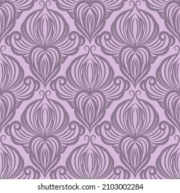 Damask seamless pattern. Silk ornament on purple trendy background in vector. Chic wallpaper or fabric