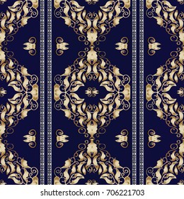 Damask seamless pattern. Striped background wallpaper  with vintage hand drawn gold 3d flowers, leaves, greek key meander borders and antique ornaments in Baroque style. Vector endless luxury texture.