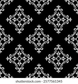 Damask seamless pattern in the style of baroque. Traditional classic black and white ornament. Design for elaborate borders, tiles, ceramic pottery, and clothing.