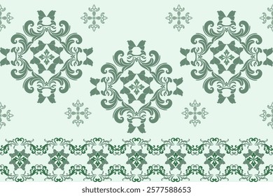 Damask seamless pattern in the style of baroque. Traditional classic green ornament. Design for elaborate borders, tiles, ceramic pottery, and clothing.